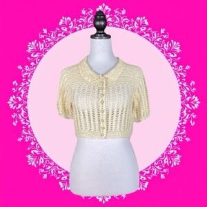 Vintage Betsey Johnson Ivory Crochet Knit Short Sleeve Cropped Cardigan Size L